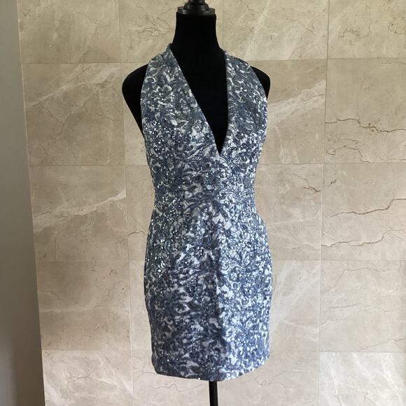 SHO by Tadashi Shoji Lara Sequin Lace Mini Dress 0 Blue Deep V Halter Cocktail - Picture 4 of 14